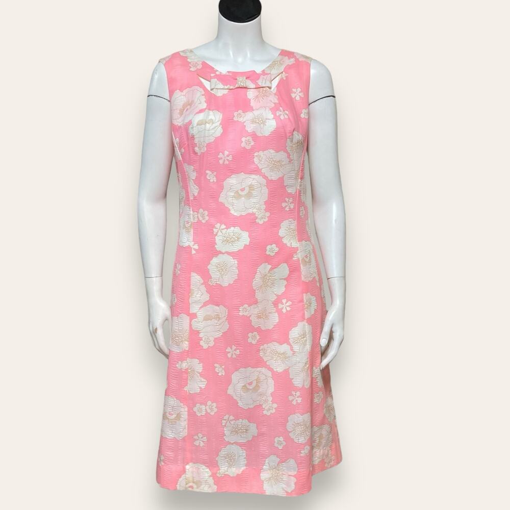 !960s Floral Print Midi Sheath Dress Pink w/ White Peonies Small